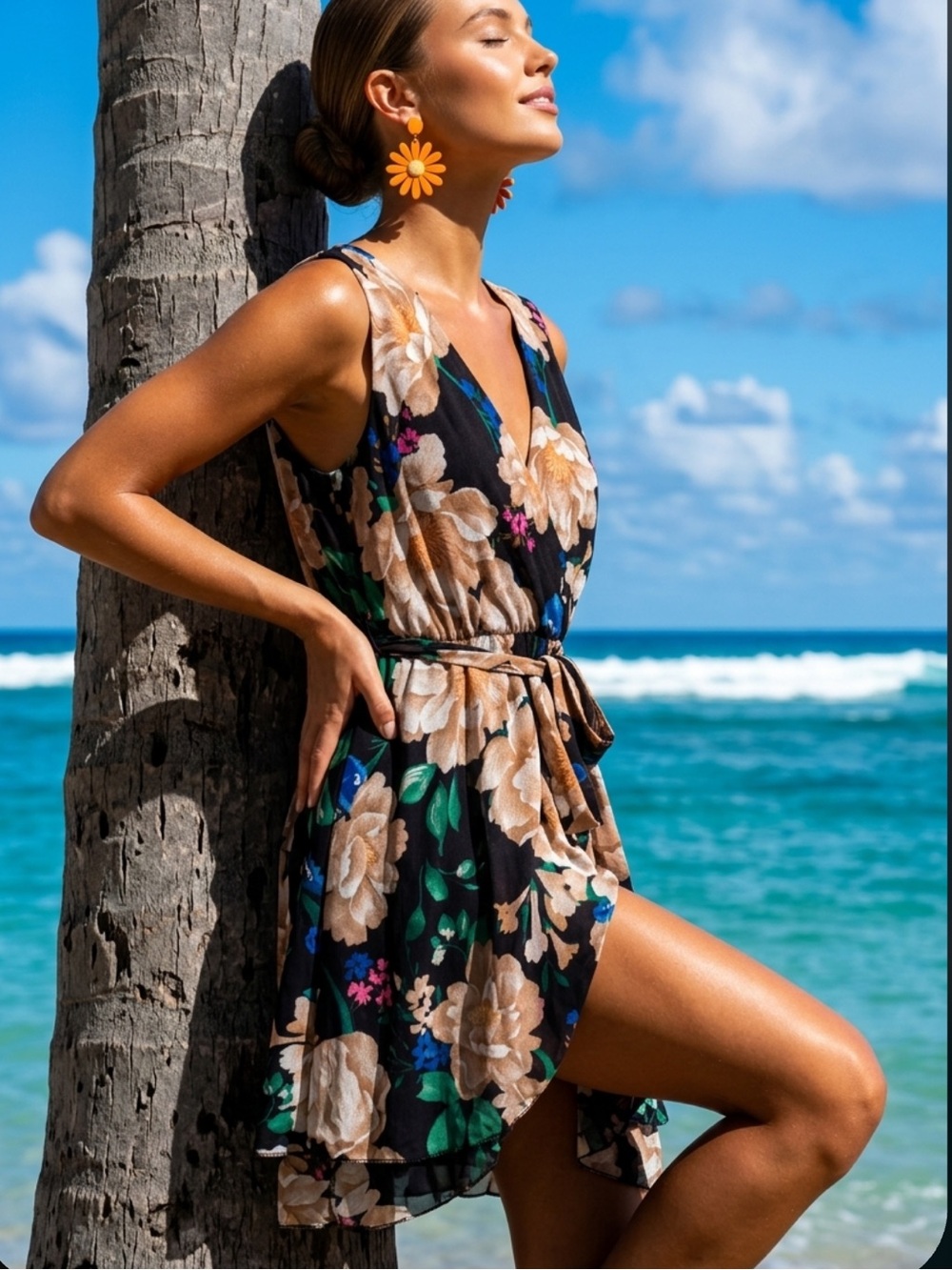 Black Floral Sleeveless Mini Dress with Beige & Green Accents